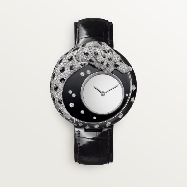 Joaillière Panthère 腕錶 40毫米，手動上鏈機械機芯，18K白色黃金，亮漆，鑽石，皮革