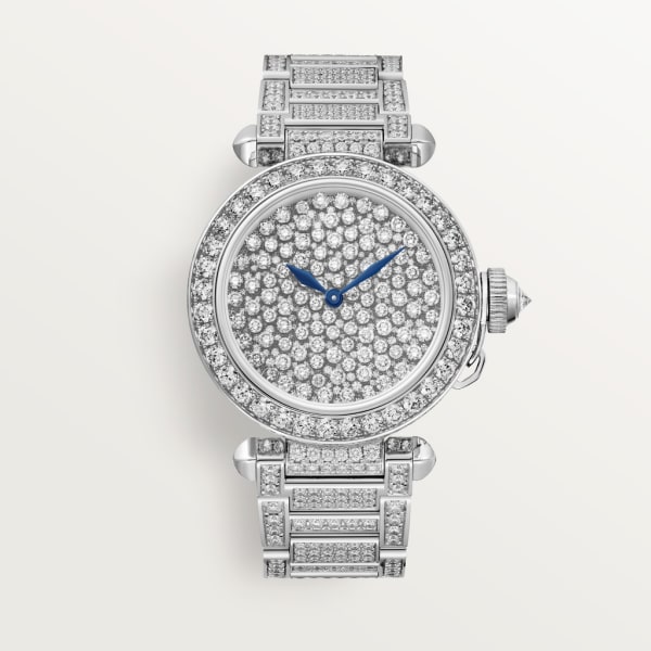 Pasha de Cartier Serti Vibrant 高級珠寶腕錶 35毫米，鍍銠飾面白色黃金，鑽石