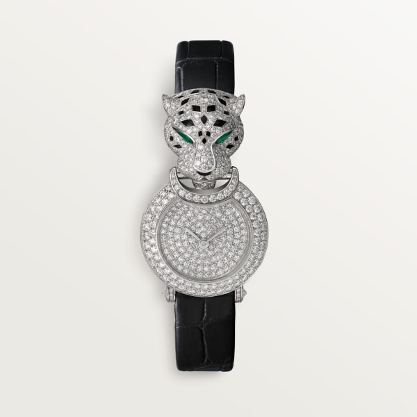 La Panthère de Cartier 腕錶 23.6毫米，鍍銠飾面白色黃金，鑽石，皮革