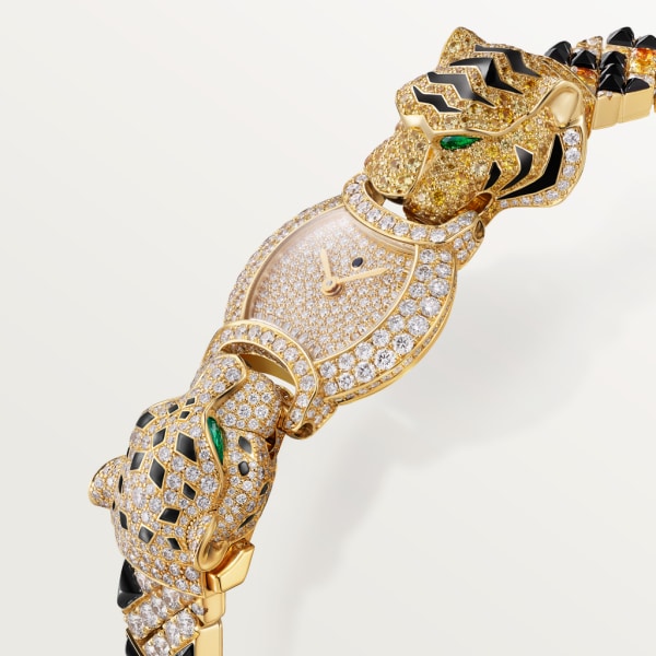 Indomptables de Cartier Watch 22.2 mm, quartz movement, yellow gold, diamonds, sapphires, emeralds, spessartite garnets, onyx, metal strap