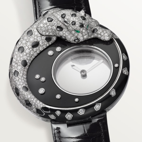 Joaillière Panthère 腕錶 40毫米，手動上鏈機械機芯，18K白色黃金，亮漆，鑽石，皮革