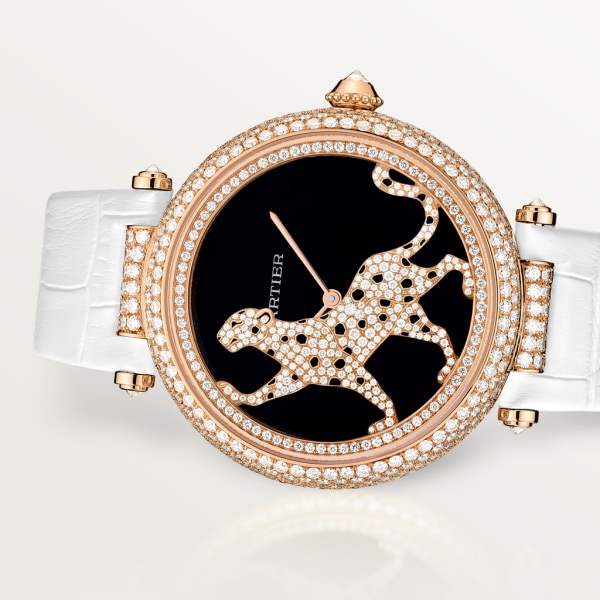 Joaillière Panthère 腕錶 42毫米，自動上鏈機械機芯，18K玫瑰金，鑽石，皮革