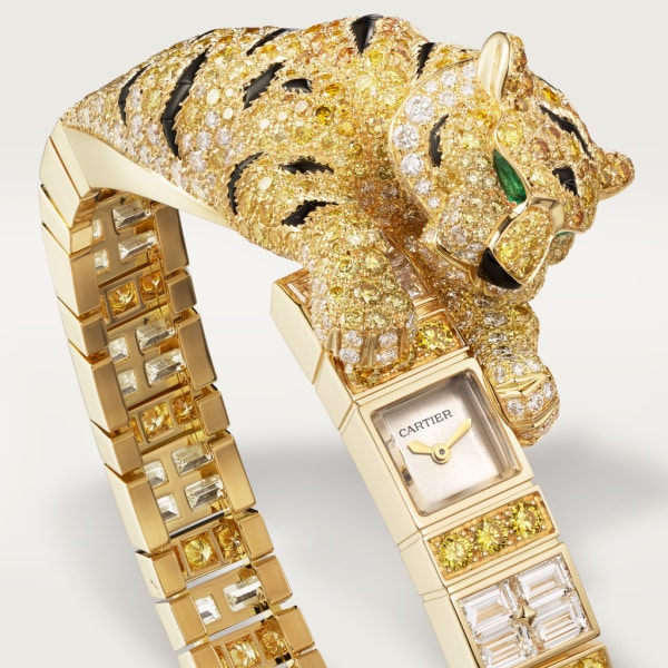 Joaillière Panthère 腕錶 26.98 x 8毫米，手動上鏈機械機芯，黃金，鑽石，祖母綠，縞瑪瑙