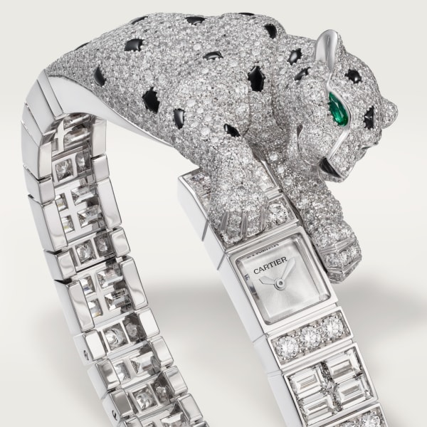 Joaillière Panthère 腕錶 26.98 x 8毫米，手動上鏈機械機芯，白色黃金，鑽石，祖母綠，黑色縞瑪瑙
