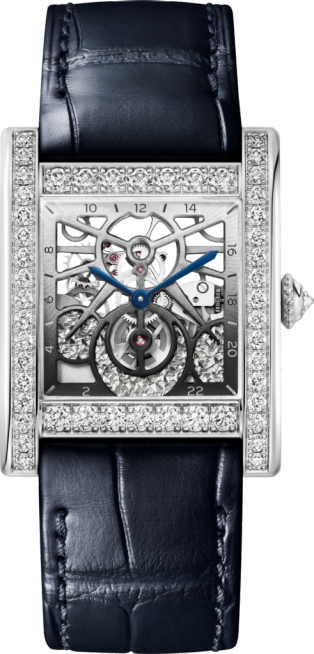 Tank Normale watch Large model, hand-wound mechanical skeleton movement, platinum, diamonds, leather