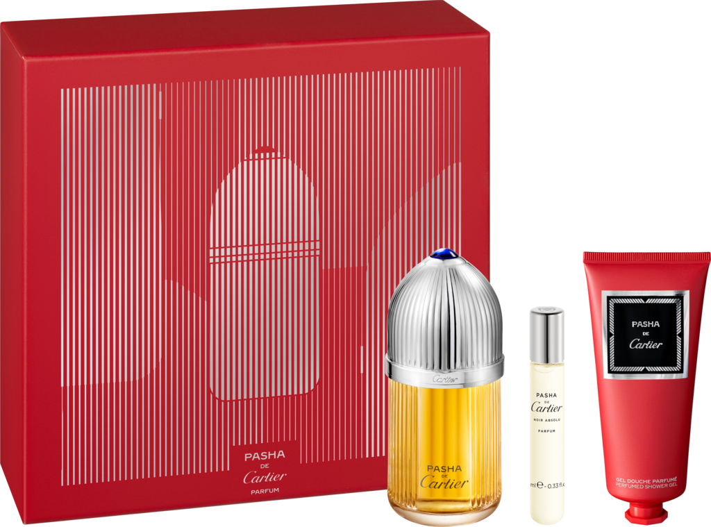 Gift set with 100 ml Pasha de Cartier Parfum, 10 ml Pasha de Cartier Edition Noire Purse Spray and 100 ml Perfumed Shower GelGift set