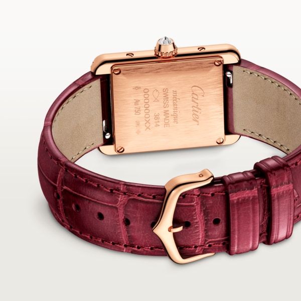 Tank Louis Cartier 腕錶 小型款，手動上鏈機械機芯，18K玫瑰金，鑽石，皮革
