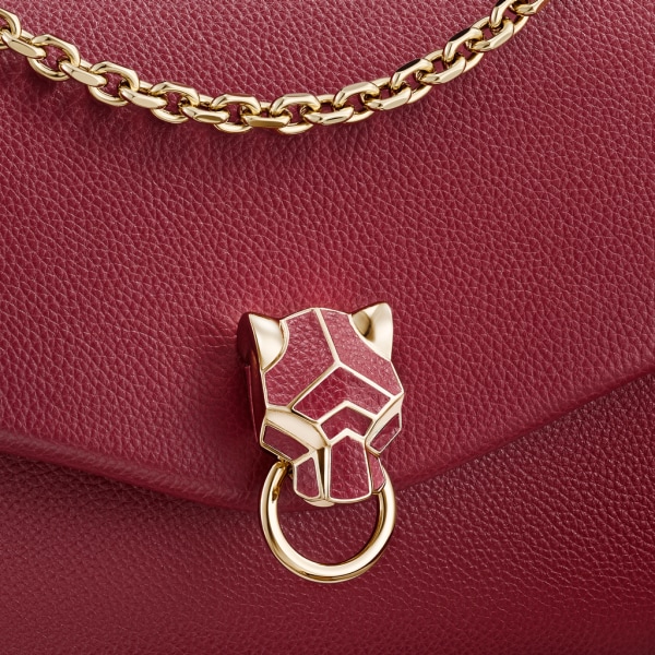 Panthère de Cartier 鏈帶手袋，小型款 酒紅色小牛皮，金色飾面