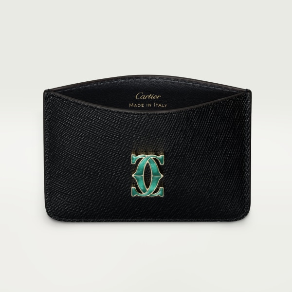 Simple card holder, C de Cartier Black textured calfskin, golden finish and graduated green enamel