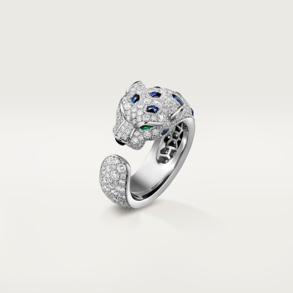 Panthère de Cartier ring White gold, emeralds, sapphires, diamonds