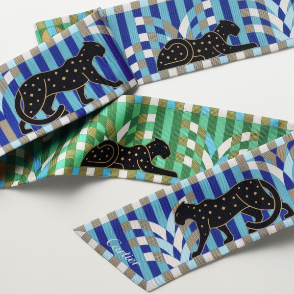 美洲豹剪影絲巾 綠色及藍色斜紋真絲