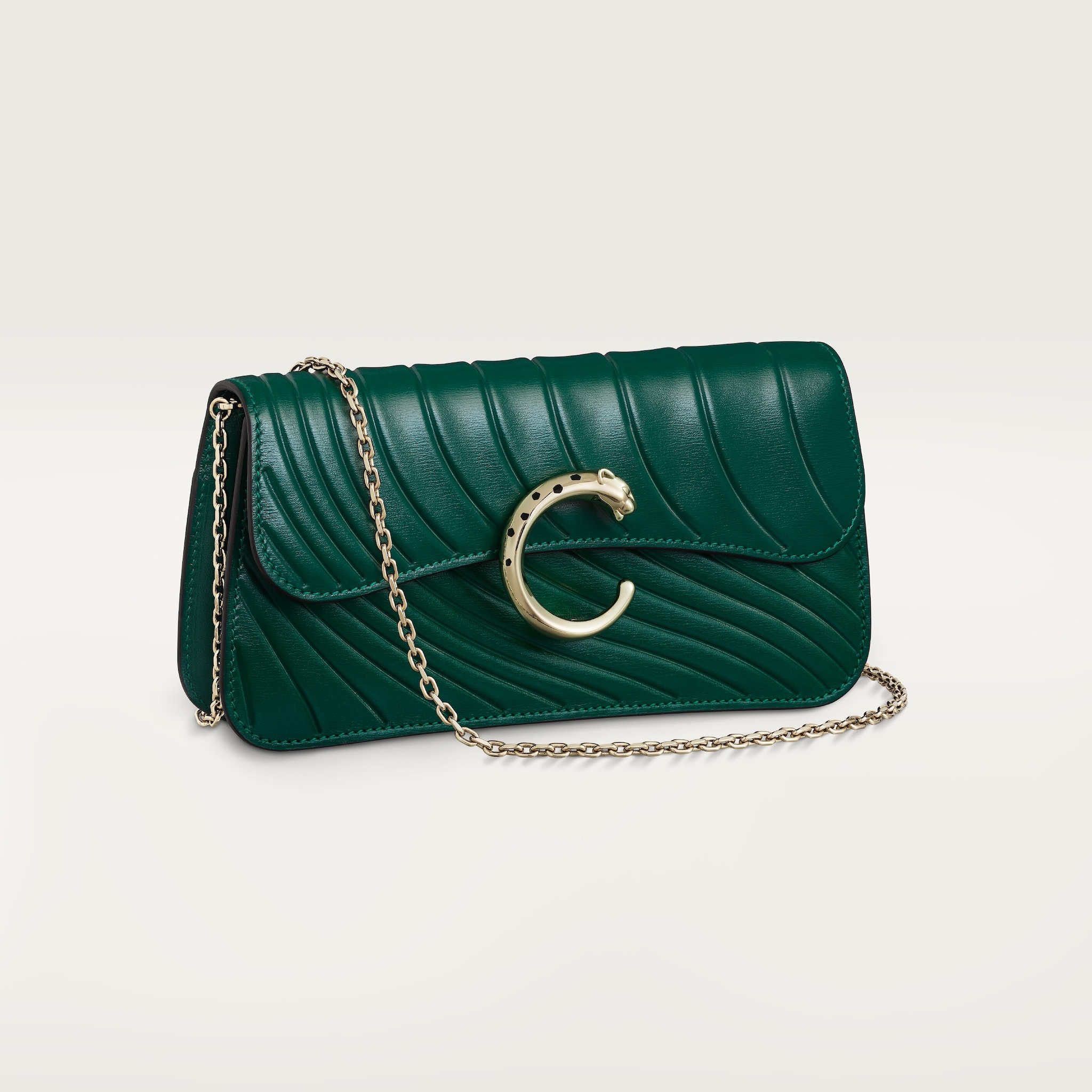 Chain bag mini model, Panthère de CartierEmerald green calfskin with embossed Cartier signature motif, golden finish