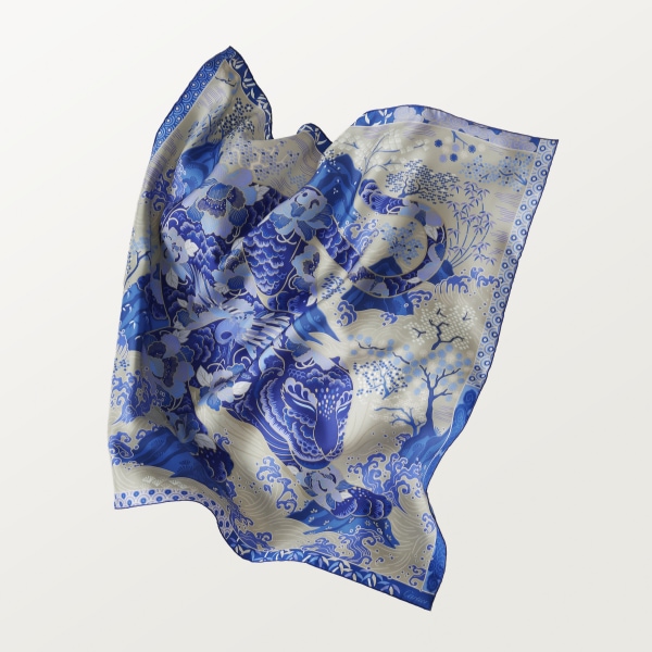 Panther print square Blue and beige silk twill