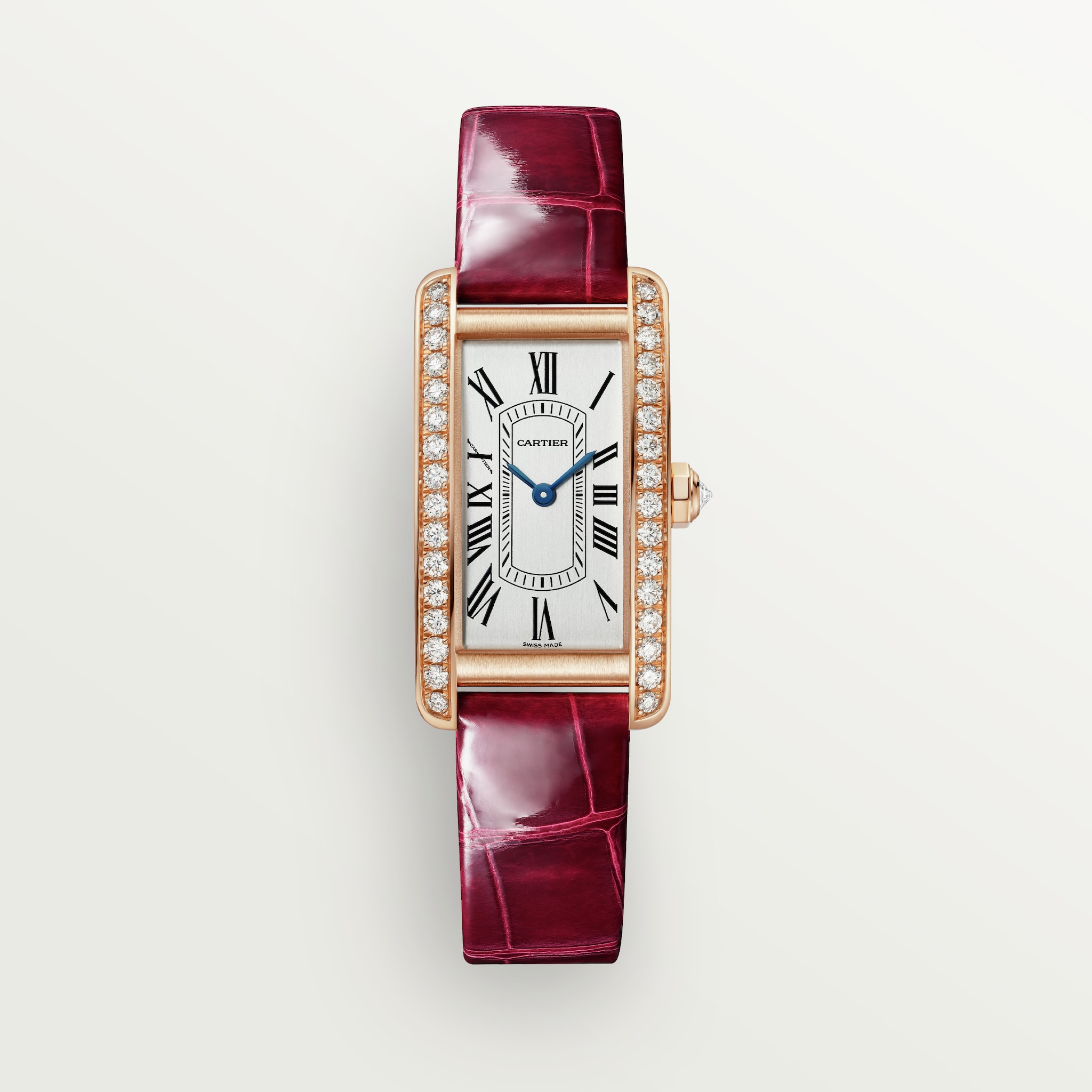 Tank Américaine watchSmall model, quartz movement, rose gold, diamonds, leather