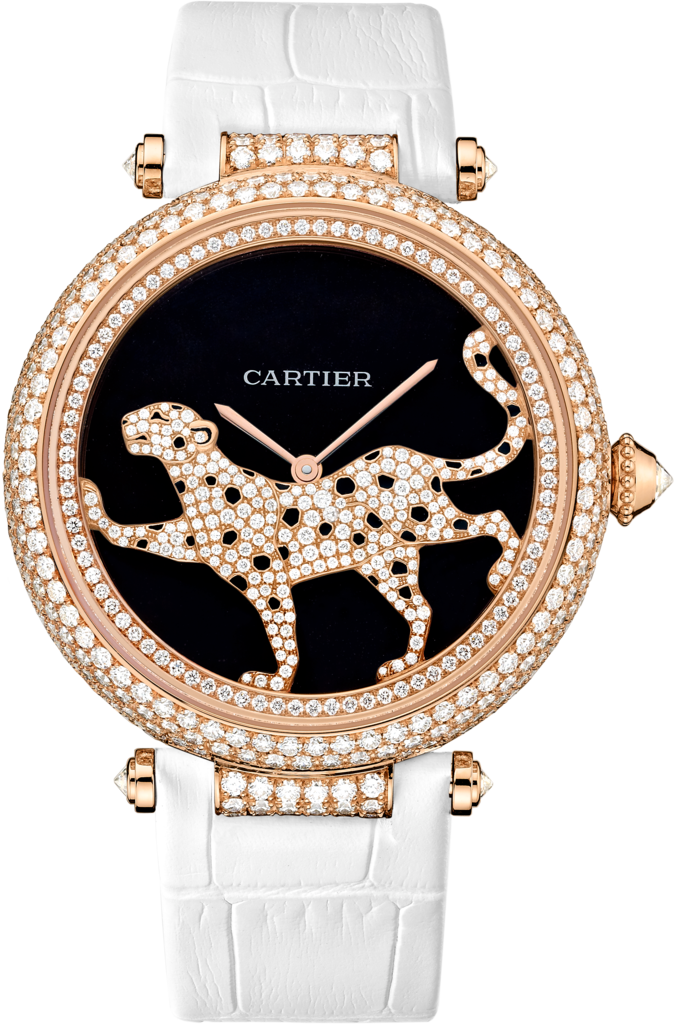 Joaillière Panthère 腕錶42毫米，自動上鏈機械機芯，18K玫瑰金，鑽石，皮革