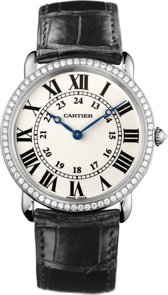 Ronde Louis Cartier 腕錶36毫米，手動上鏈機械機芯，18K白色黃金，鑽石，皮革