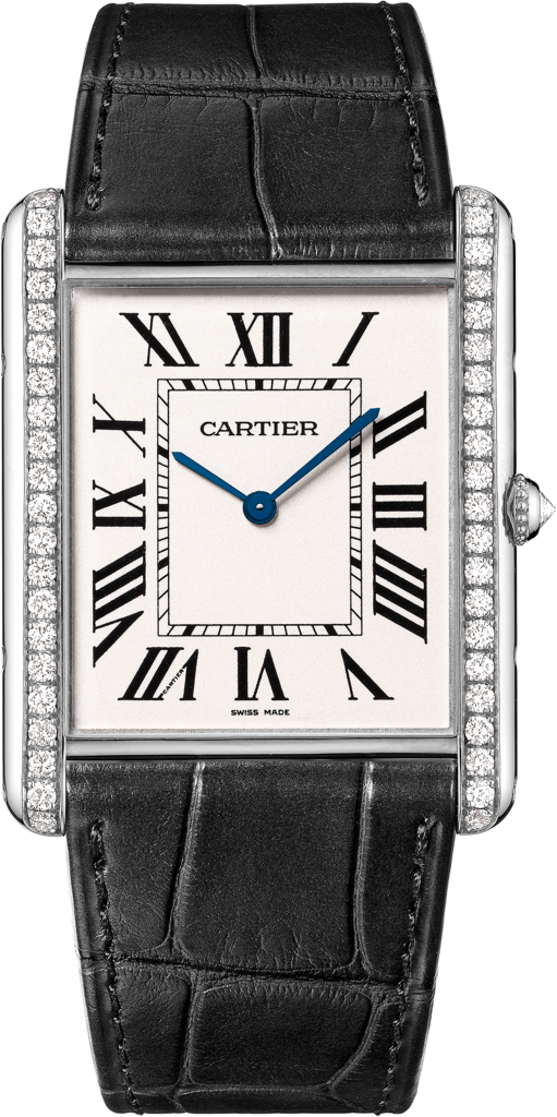 Tank Louis Cartier 腕錶特大型款，手動上鏈機械機芯，18K白色黃金，鑽石，皮革