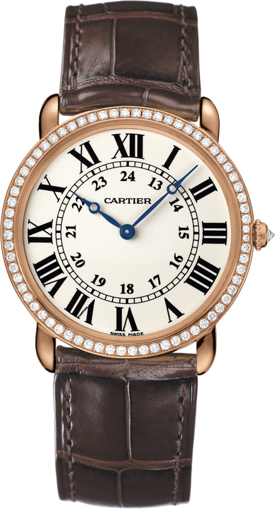 Ronde Louis Cartier 腕錶36毫米，手動上鏈機械機芯，18K玫瑰金，鑽石，皮革