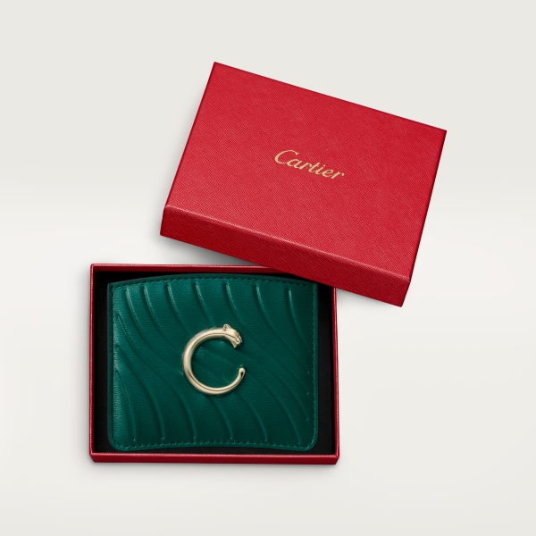 卡片夾，Panthère de Cartier 祖母綠色小牛皮，壓印 Cartier 標誌圖案，金色飾面