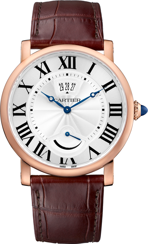 Rotonde de Cartier 腕錶，日曆及動力儲存顯示40毫米，手動上鏈機械機芯，18K玫瑰金，皮革