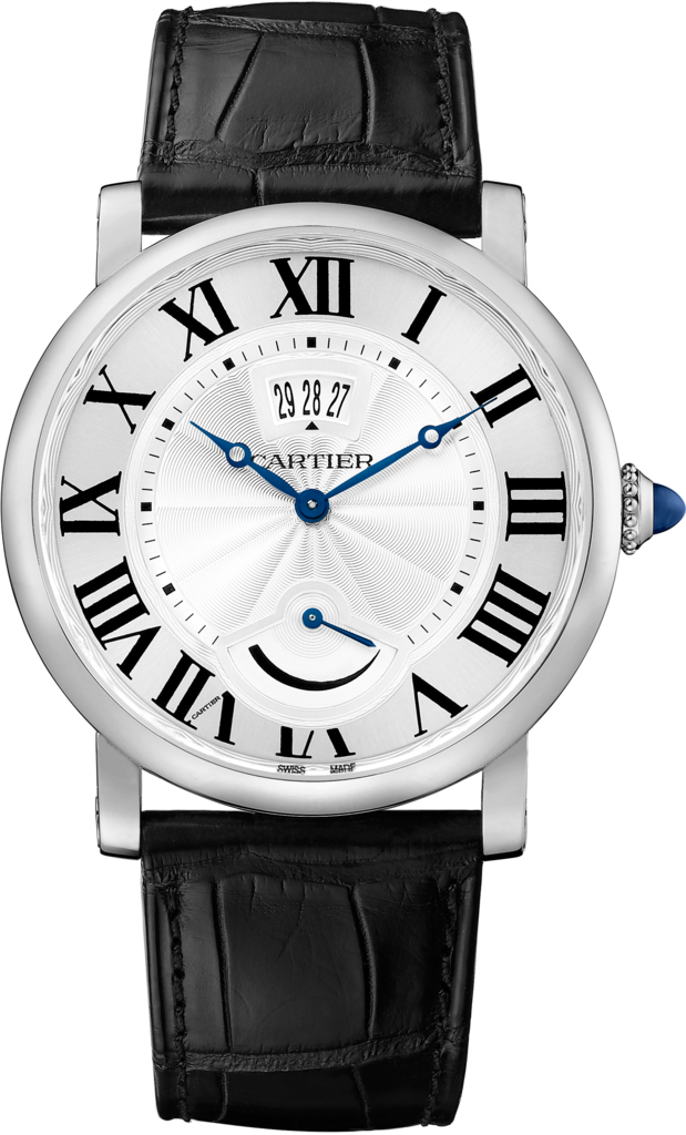 Rotonde de Cartier 腕錶，日曆及動力儲存顯示40毫米，手動上鏈機械機芯，精鋼，皮革