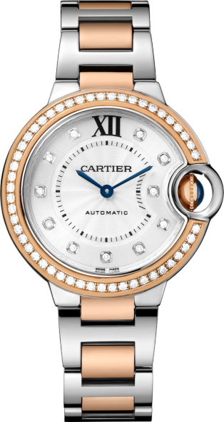 Ballon Bleu de Cartier watch 33mm, automatic movement, rose gold, steel, diamonds
