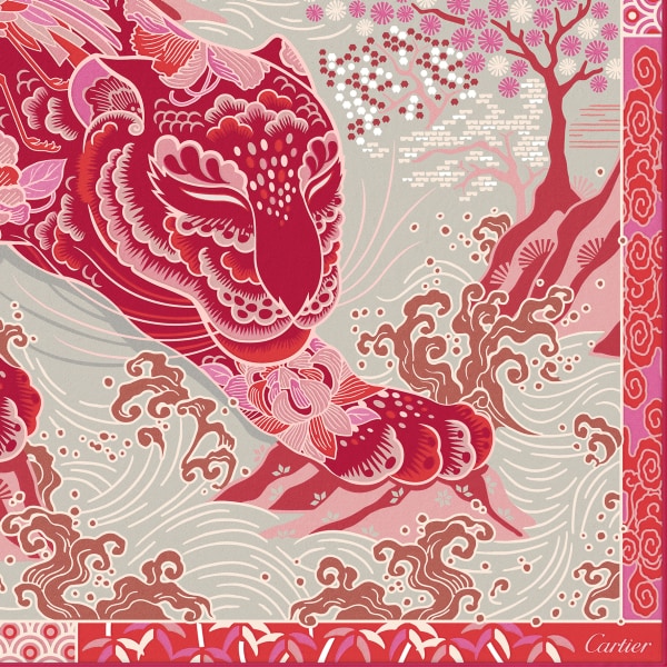 美洲豹圖案方巾 紅色及米色斜紋真絲