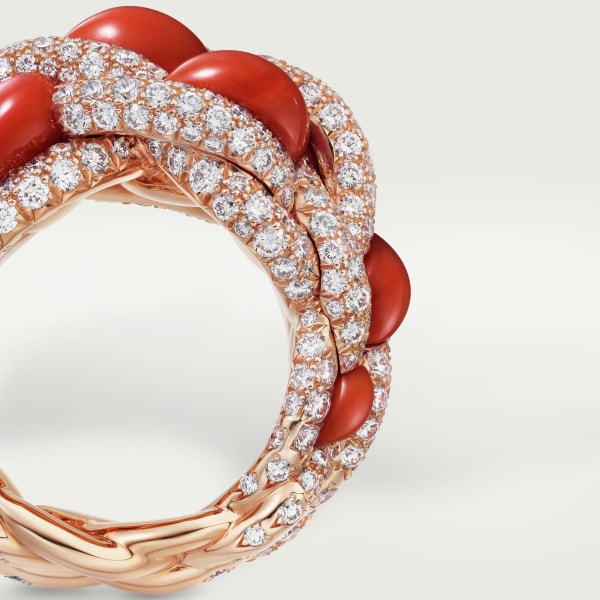 Tressage ring Rose gold, coral, diamonds