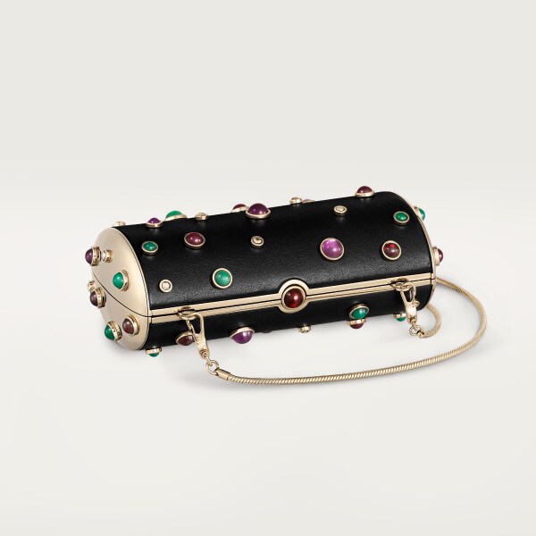 凸圓形手袋，Cartier Soir 黑色小牛皮，優質寶石，金色飾面 