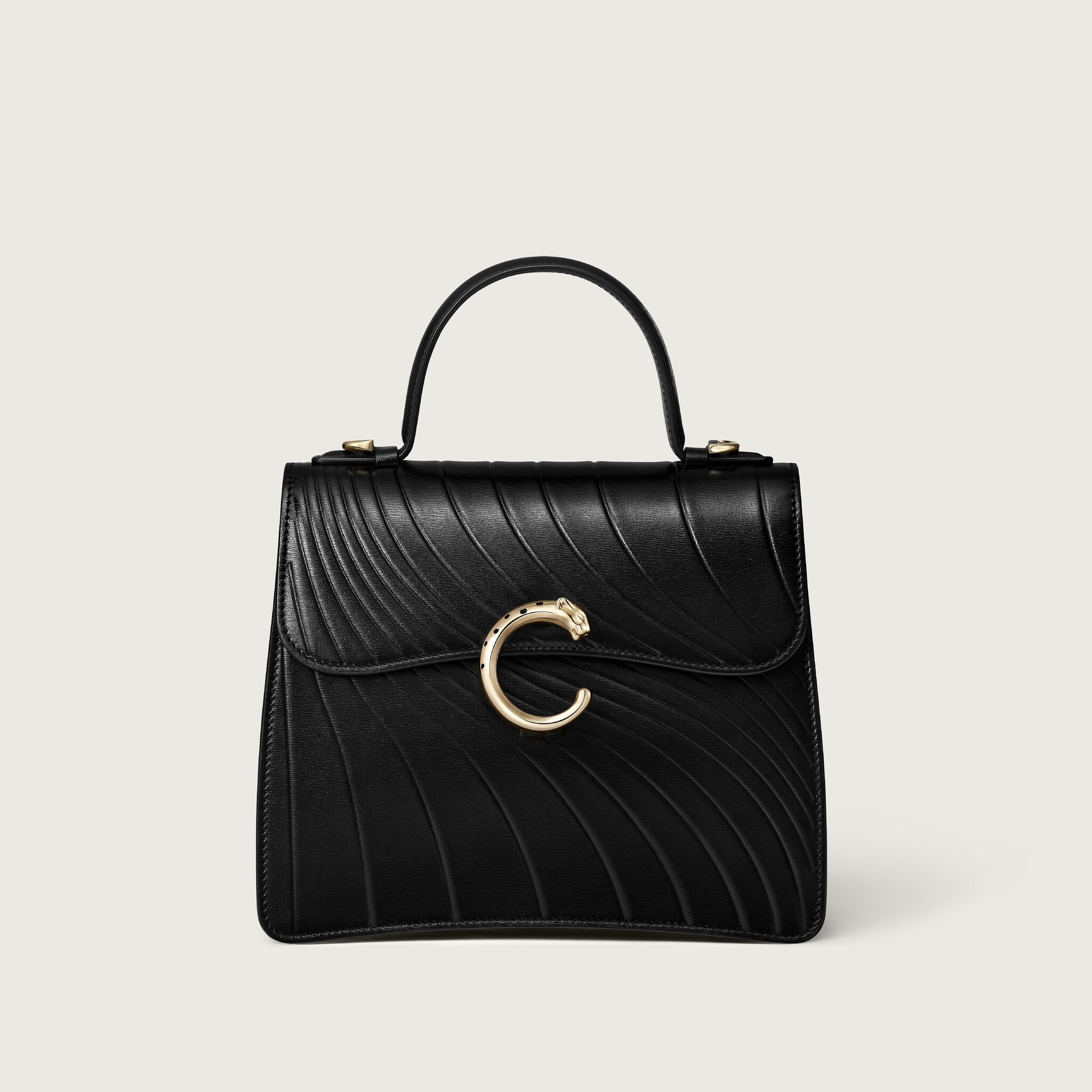 手袋，小型款，Panthère C黑色小牛皮，壓印 Cartier 標誌圖案，金色飾面