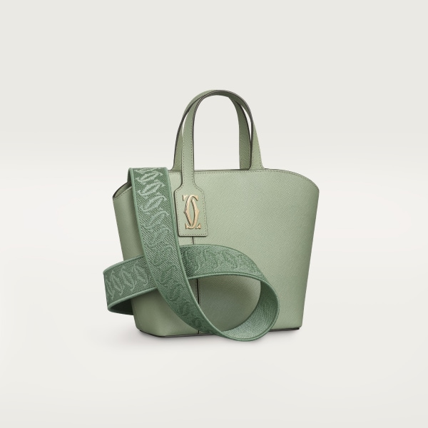 手提袋，迷你款，C de Cartier 灰綠色紋理質感小牛皮，刺繡，金色飾面