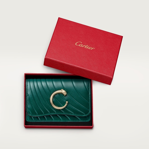 拉鏈名片夾，Panthère de Cartier 祖母綠色小牛皮，壓印 Cartier 標誌圖案，金色飾面