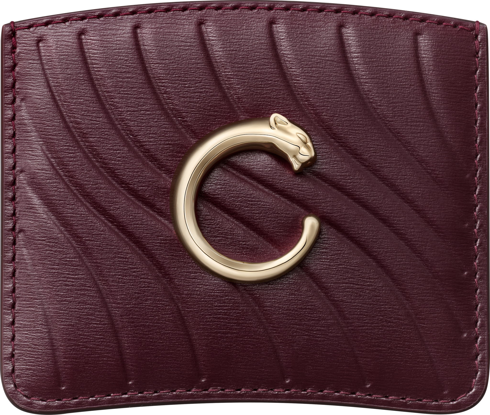 Simple card holder, Panthère C de CartierGrape calfskin, embossed Cartier signature motif, golden finish