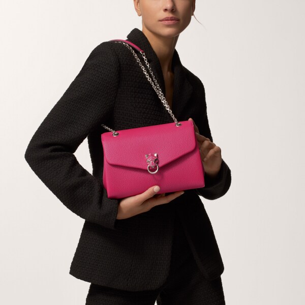 手袋，小型款，Panthère Graphique 紅莓色小牛皮，金色飾面