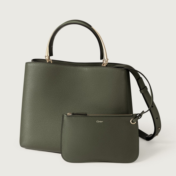 手袋，中型款，Panthère Double 綠茶色粒面小牛皮，金色飾面