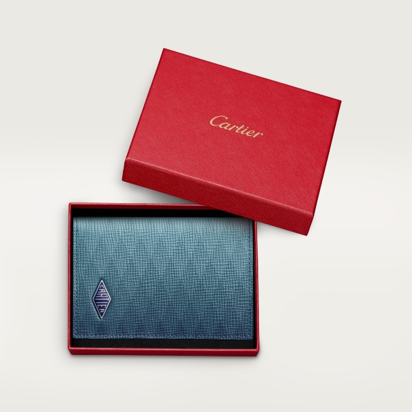 信用卡夾，可容納4張信用卡，Cartier Losange 精鋼灰色棱柱形圖案小牛皮，鍍鈀飾面及深藍色琺瑯