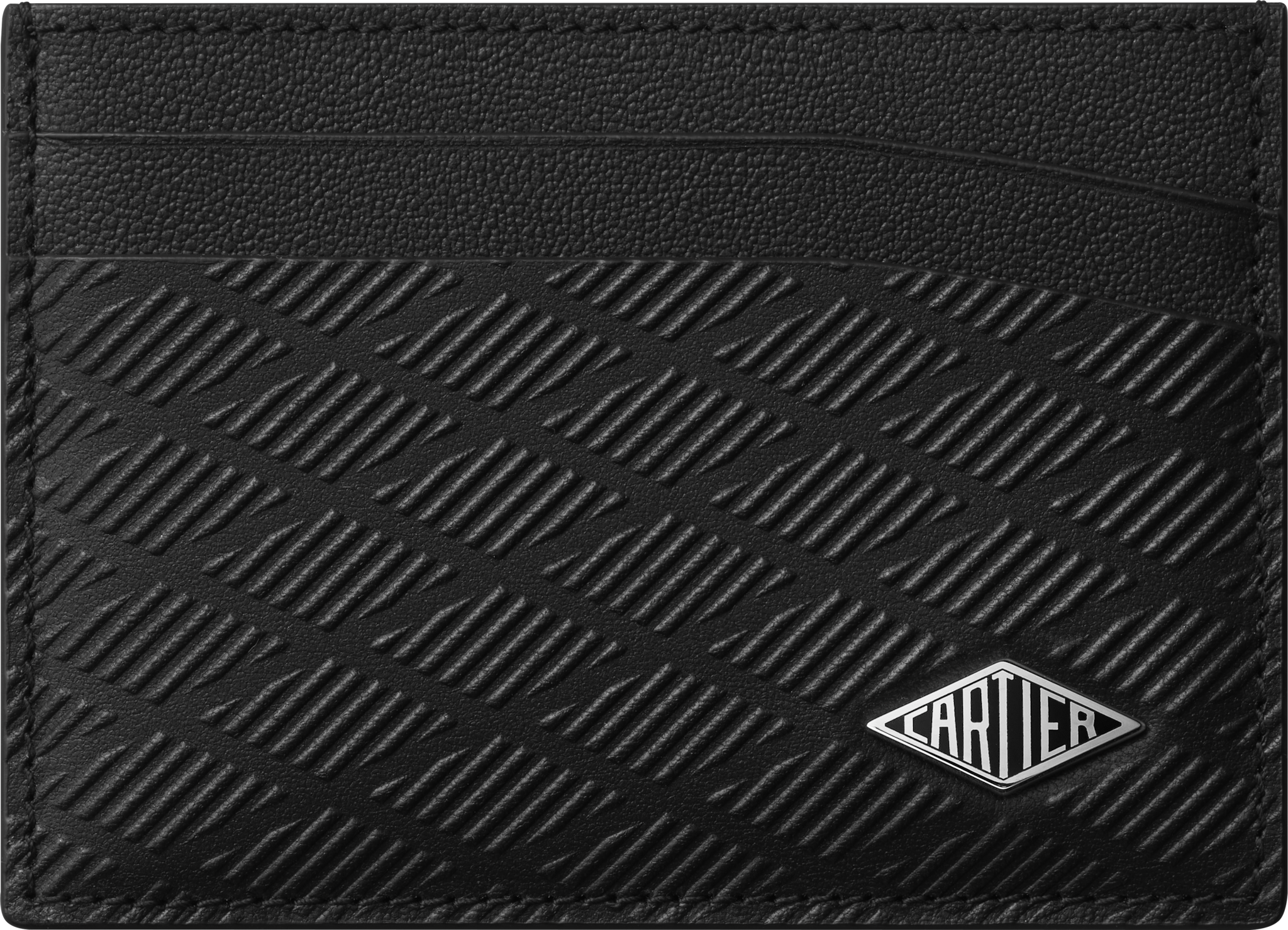 Cartier Losange 卡片夾黑色壓印小牛皮，飾有 Godrons 拱紋裝飾，琺瑯及鍍鈀飾面
