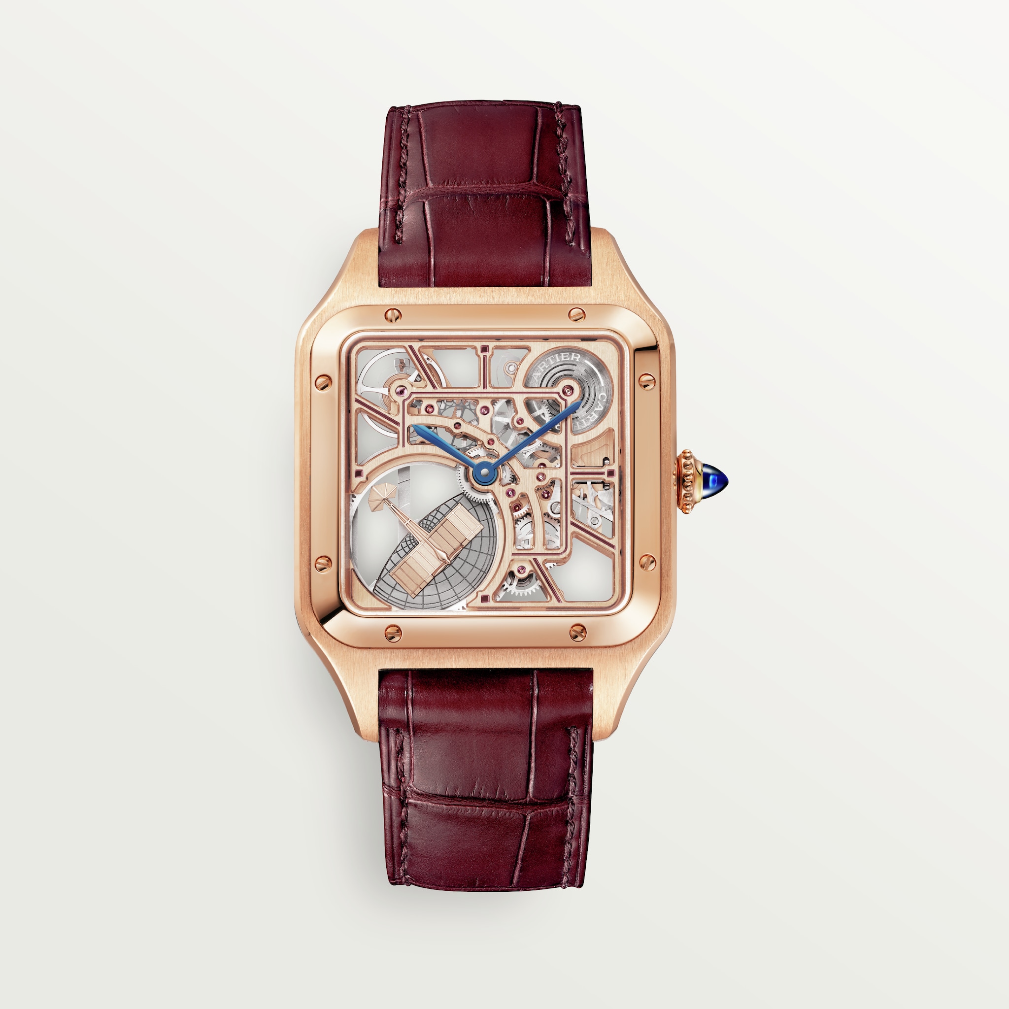 Santos-Dumont 鏤空腕錶大型款，自動上鏈鏤空機械機芯，玫瑰金，皮革