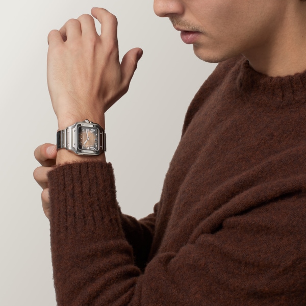 Santos de Cartier 腕錶 大型款，自動上鏈機械機芯，精鋼，可更換式金屬錶鏈及皮革錶帶