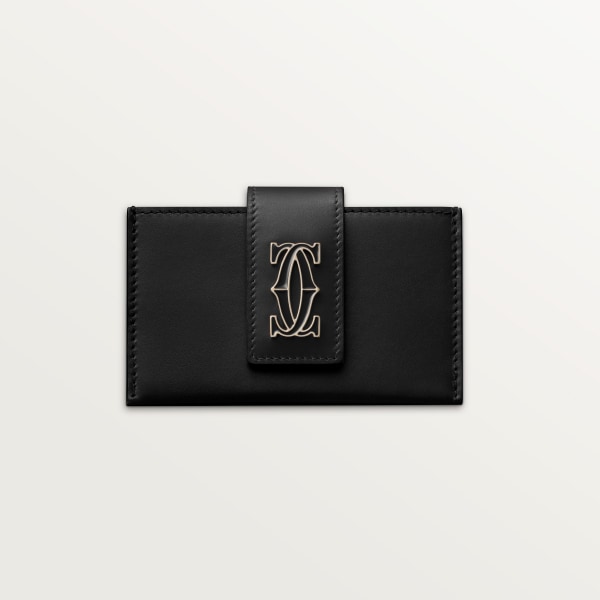 Accordion card holder, C de Cartier Black calfskin, golden finish and black enamel