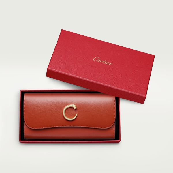 International wallet with flap, Panthère de Cartier
 Chestnut calfskin, golden finish