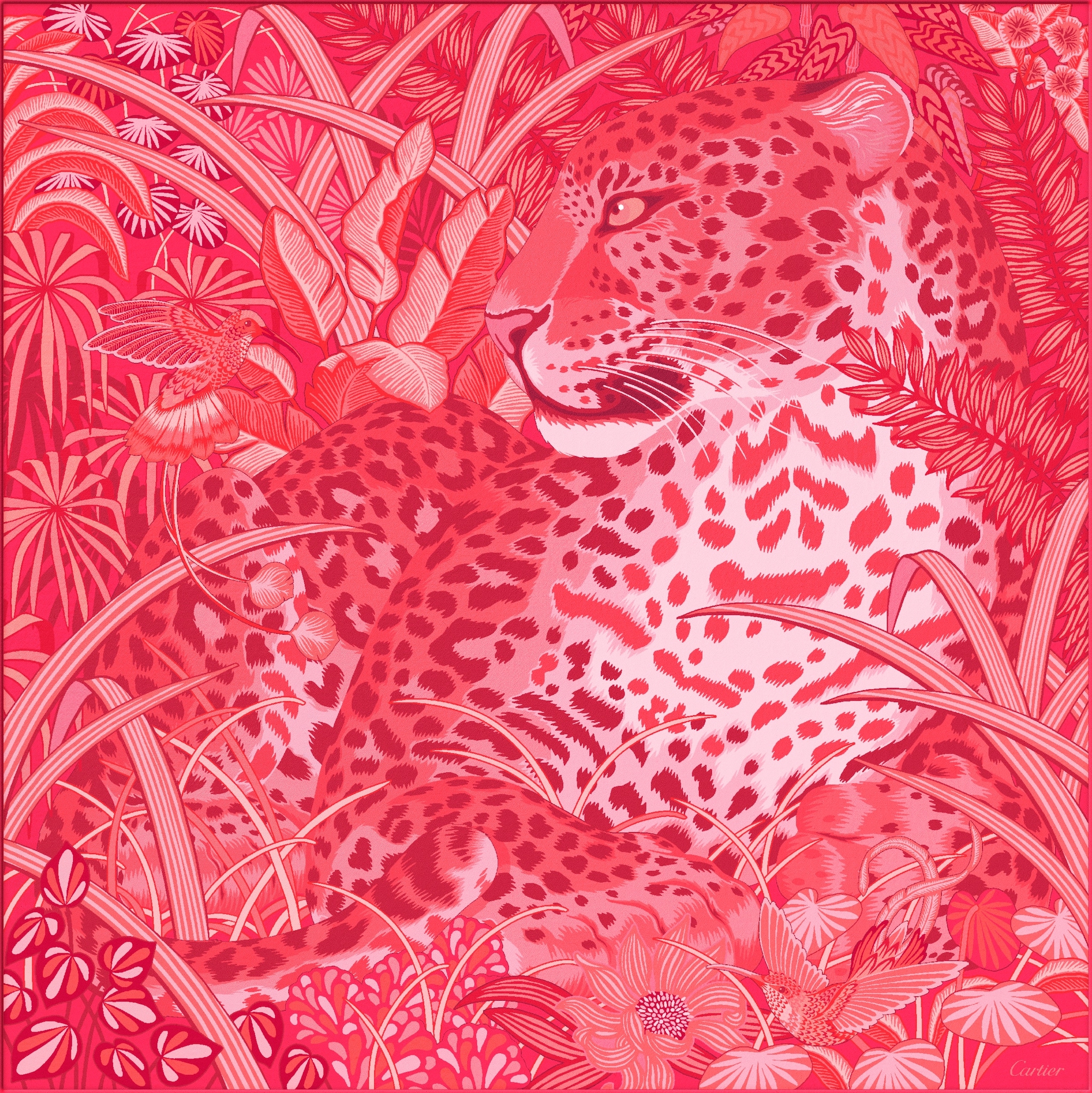 Panther in the Jungle 絲巾，90厘米珊瑚色斜紋真絲