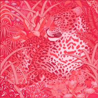 Panther in the Jungle 絲巾，90厘米 珊瑚色斜紋真絲
