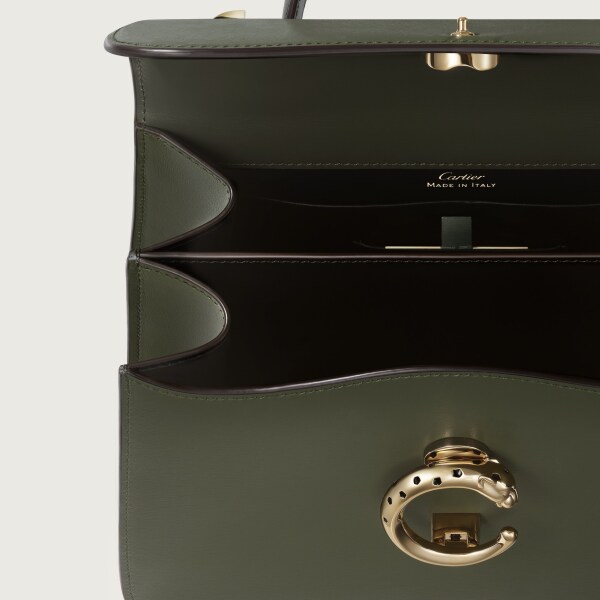 手袋，小型款，Panthère C 綠茶色粒面小牛皮，金色飾面