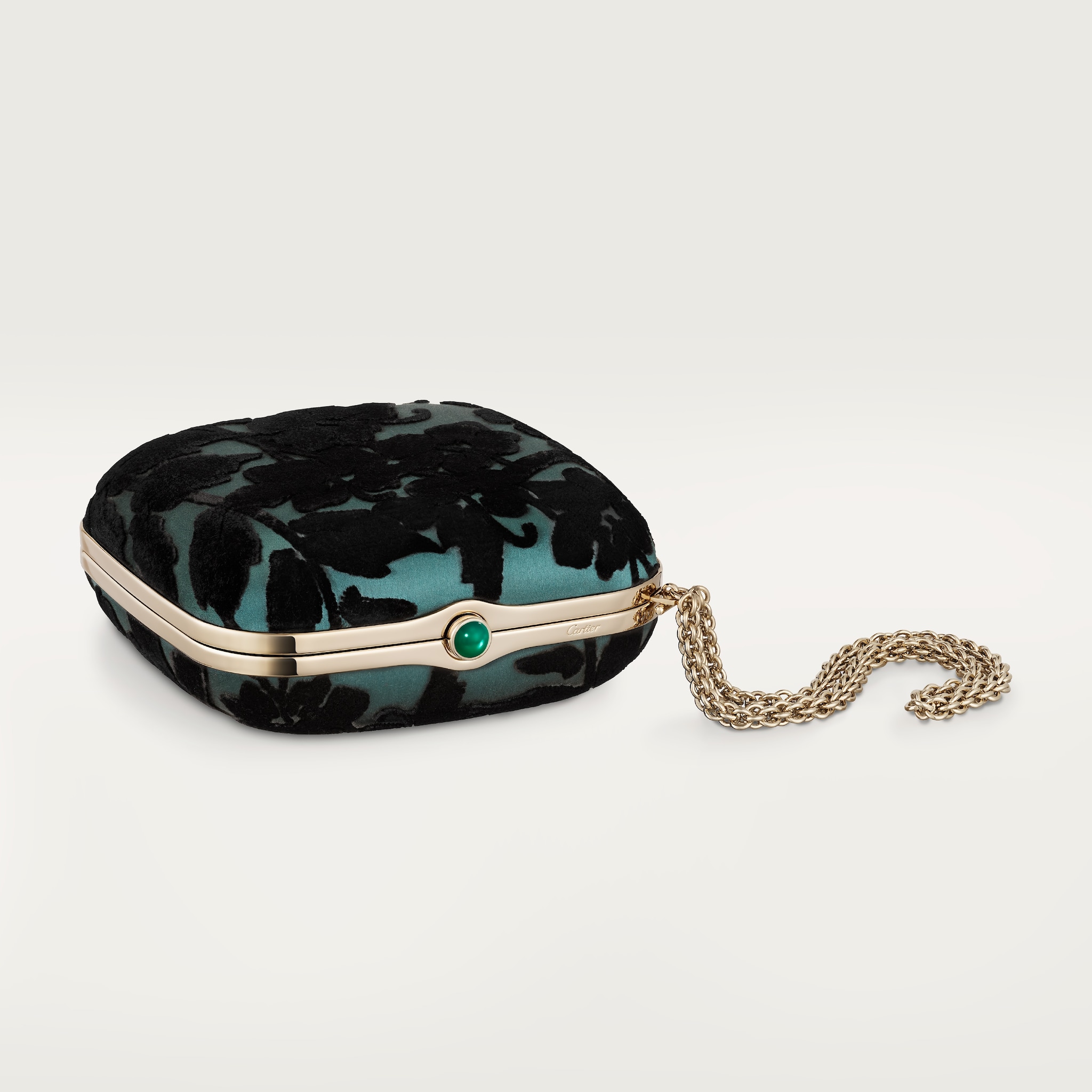 方形手袋，Cartier Soir祖母綠色絲緞，黑色絲絨效果花卉圖案，綠色縞瑪瑙絨及金色飾面 