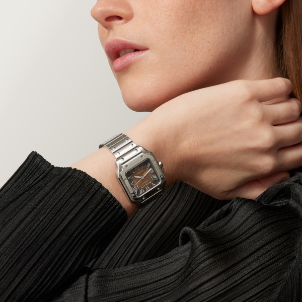 Santos de Cartier 腕錶 中型款，自動上鏈機械機芯，精鋼，可更換式金屬錶鏈及皮革錶帶