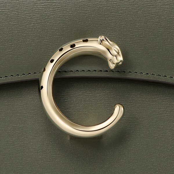 手袋，小型款，Panthère C 綠茶色粒面小牛皮，金色飾面