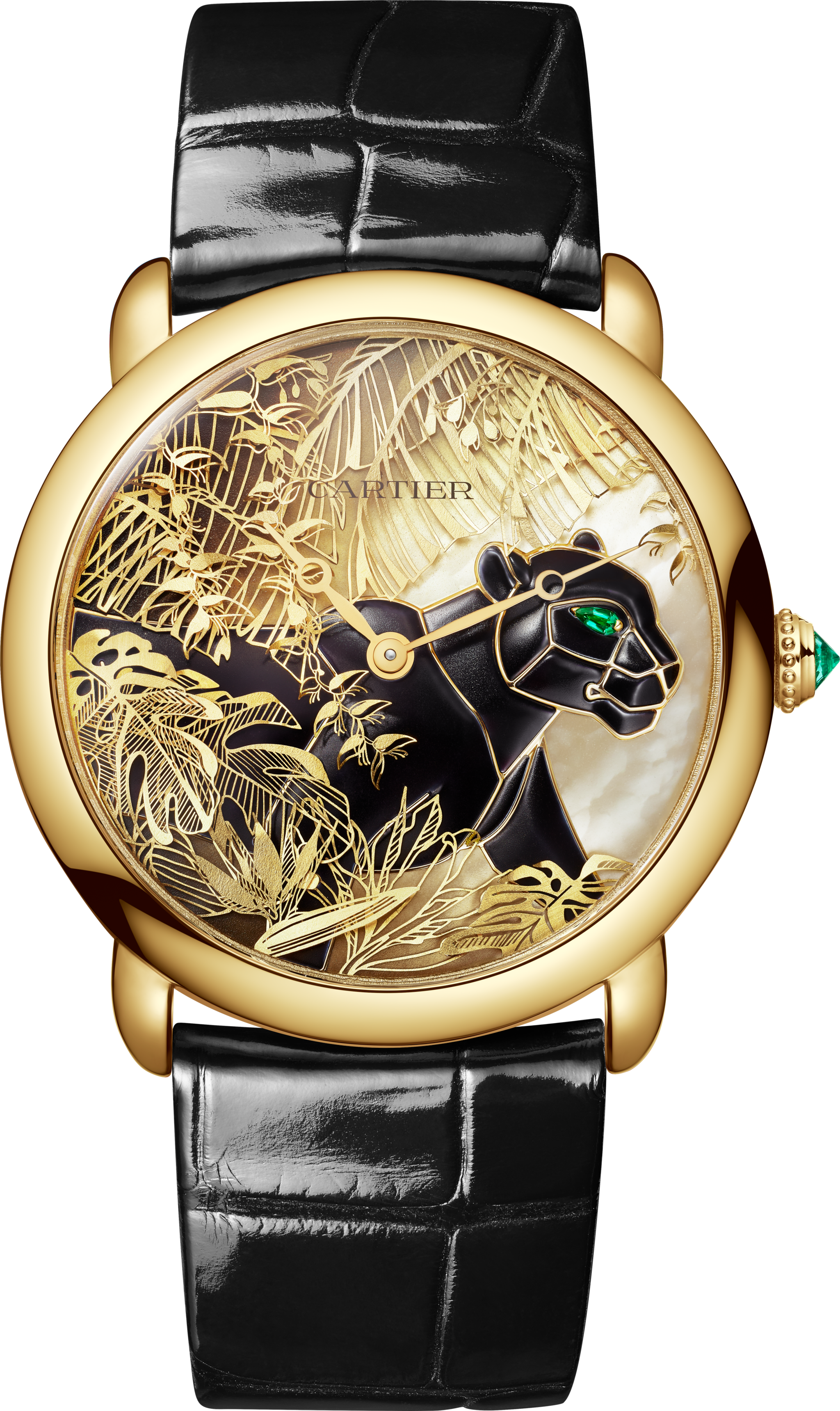 Métiers d'Art jewellery watch36 mm, manual movement, yellow gold, lacquer, mother-of-pearl, emeralds, diamonds, leather