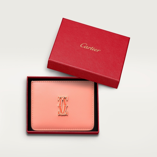 C de Cartier 卡片夾 雙色珊瑚色及淺珊瑚色小牛皮，金色飾面及珊瑚色/淺珊瑚色琺瑯