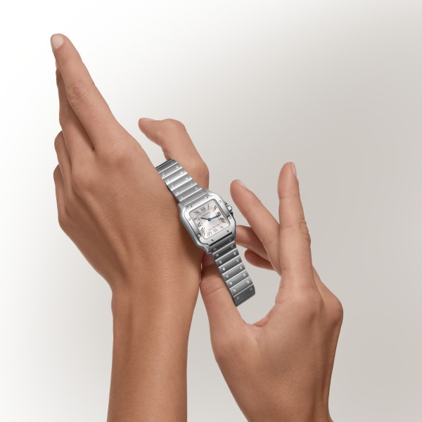 Santos de Cartier 腕錶 小型款，石英機芯，精鋼，可更換式金屬錶鏈及皮革錶帶